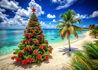 Aerial View: Tropical Christmas Beach, Decorated Tree, Poinsettias, Ocean