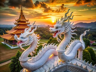 Obraz premium Aerial View: Twin White Dragon Statues, Hyua Pla Kang Temple, Chiang Rai, Thailand