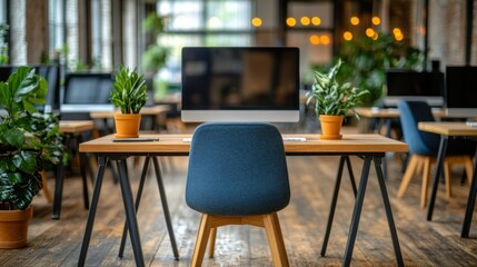 Obraz premium Desk with computer setup in modern office, chairs and plants, bright interior