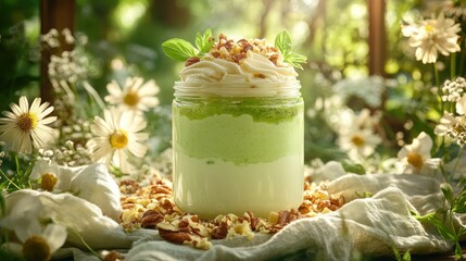 Dessert in glass jar, topped with cream and nuts. Garden setting, blurred background