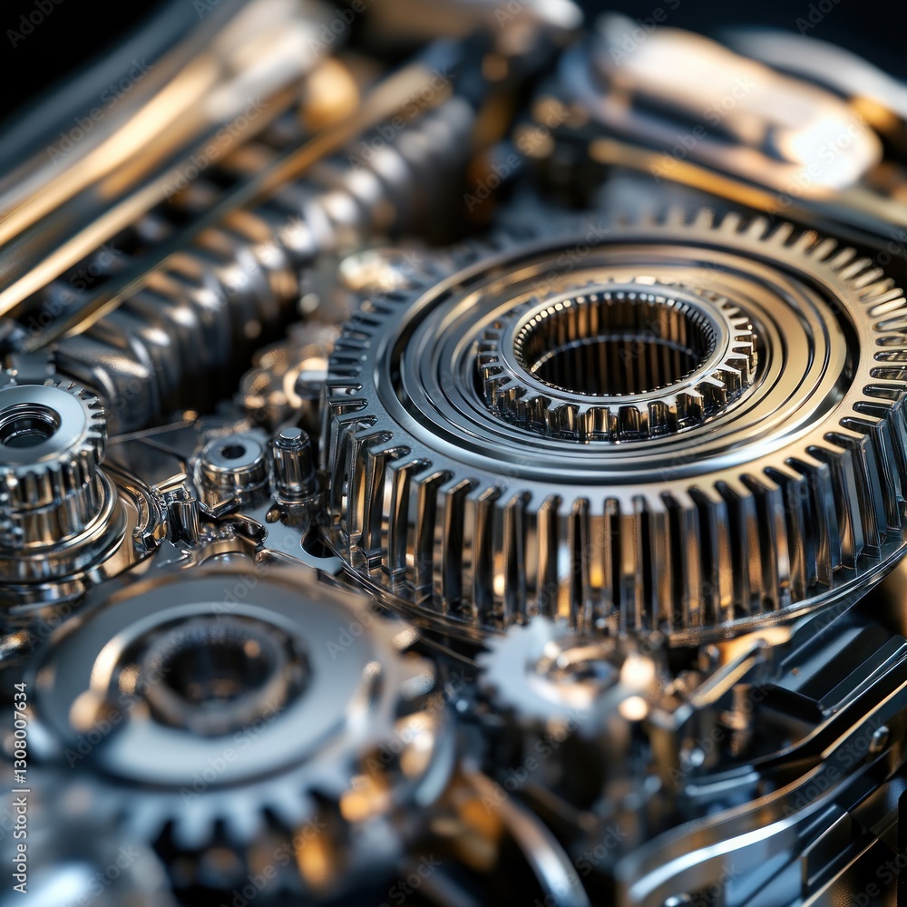 Aufkleber precision gears intermeshing in metallic engine close-up