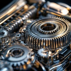 Fototapeta premium Precision Gears Intermeshing in Metallic Engine Close-up