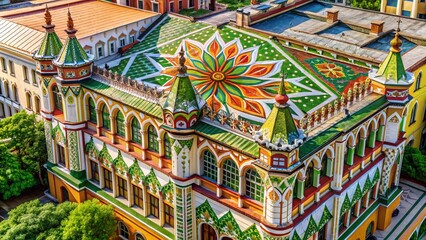 Obraz premium Aerial View: Watercolor Leaf Design on Geometric Architectural Wallpaper