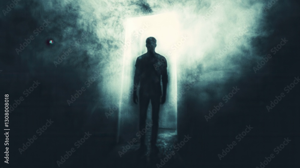 Poster shadows of fear linger in a mysterious doorway surrounded by dark, blurred tones and ominous silhoue