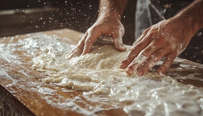 Fototapeta premium Male hands kneading dough on a flourcovered wooden surface, closeup of flour scattering during preparation, the art of baking, food creation concept, ultradetailed, Midjourney V5