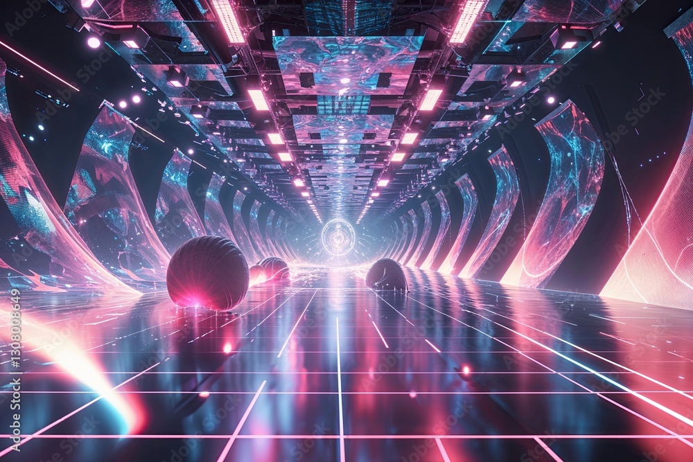 Poster vibrant techno synth landscape featuring pulsating patterns and holographic effects