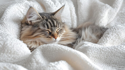 Obraz premium A cat is sleeping on a white blanket
