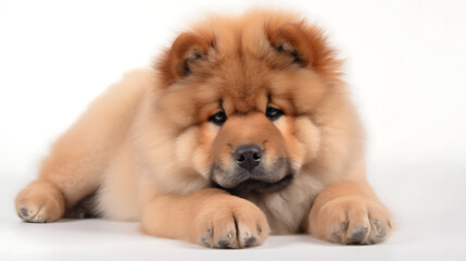 A cute little dog with a fluffy coat is laying down on a white background