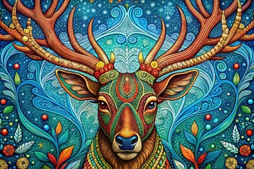 Naklejka premium Aerial Zentangle Reindeer Coloring Page Design: Intricate Patterned Deer for Adult Coloring Book