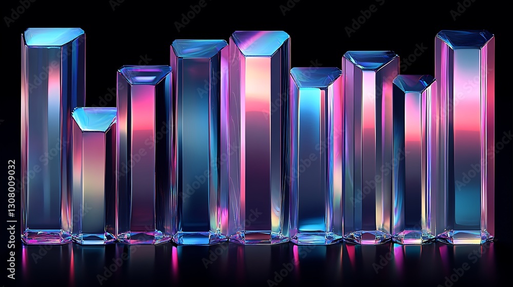 Poster glass shapes with colorful refraction 3d render. isolated on black.