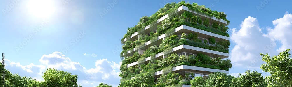 Poster modern architectural design featuring a green building surrounded by lush vegetation under a bright 
