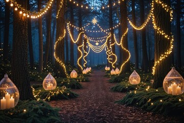 Enchanted Forest Christmas Wallpaper with Twinkling Lights and Festive Decorations