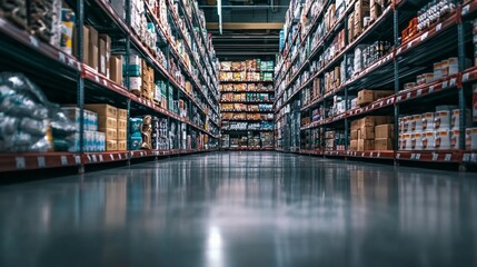 Endless warehouse aisles filled with stocked shelves