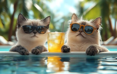 Two cats in sunglasses sipping cocktails by a hotel pool