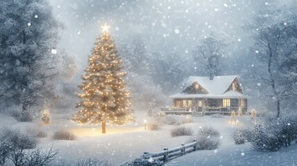 Naklejka premium snowy Christmas scene including a decorated tree, gentle snowfall, and winter charm
