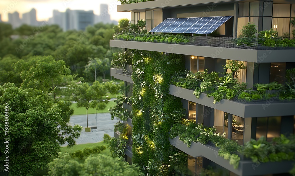 Poster modern eco-friendly building adorned with greenery, blending nature and architecture.