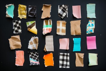Grid of Ripped Washi Tape Pieces in Various Colors and Patterns on Black Background