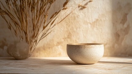 Rustic ceramic bowl on textured beige surface