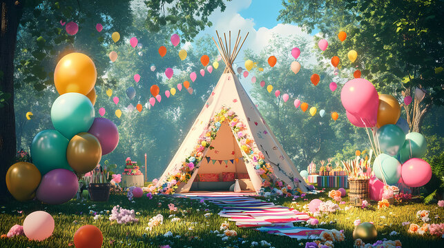 A cheerful party setup featuring a teepee adorned with colorful balloons and flowers, creating a whimsical atmosphere for celebrations. Whimsical - Village. Illustration