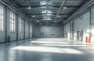 Spacious industrial warehouse interior with high ceilings and natural light, featuring clean concrete floor and large windows in a modern design