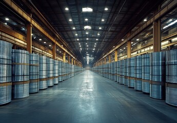 Fototapeta premium Spacious industrial warehouse interior with metal coils arranged in neat rows, showcasing organized storage and modern manufacturing efficiency