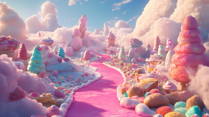 A whimsical candyland with pink paths, fluffy clouds, and colorful sweets, creating a dreamlike landscape full of sugary delights. Whimsical - Village. Illustration