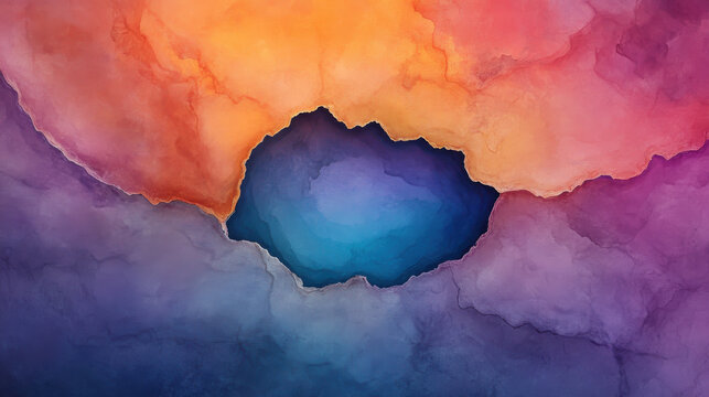 Vibrant abstract watercolor artwork with central blue focal point.
