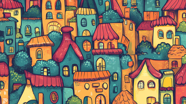 Collection of colorful whimsical hand drawn doodles sketches and icons perfect for adding a playful creative touch to designs branding and digital projects. Whimsical - Village. Illustration