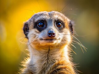 Fototapeta premium Alert Meerkat Sentry: Macro Photography of a vigilant meerkat on lookout, showcasing intricate details of fur and eyes.