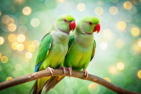 Alexandrine Parakeet Couple, Green Parrot Birds, Isolated, White Background, Bokeh