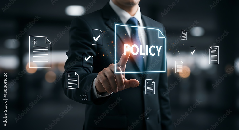 Poster corporate policy concept with digital document icons . person check online document validation ,comp