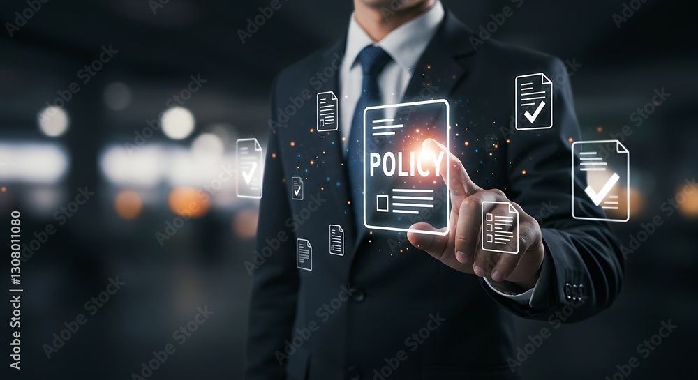 Poster corporate policy concept with digital document icons . person check online document validation ,comp