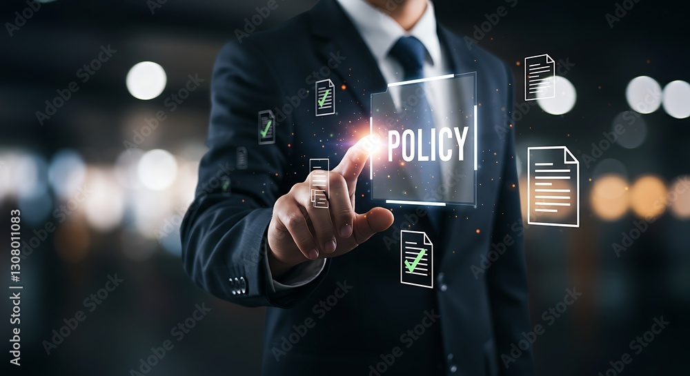 Poster corporate policy concept with digital document icons . person check online document validation ,comp