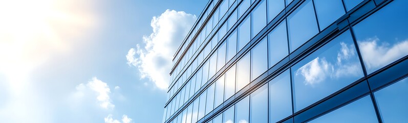 Obraz premium Reflective glass building against a bright blue sky with scattered clouds.