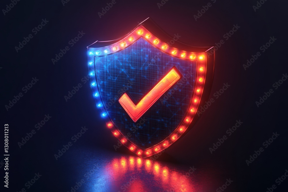 Poster glowing security shield with checkmark indicating protection digital safety concept with illuminated