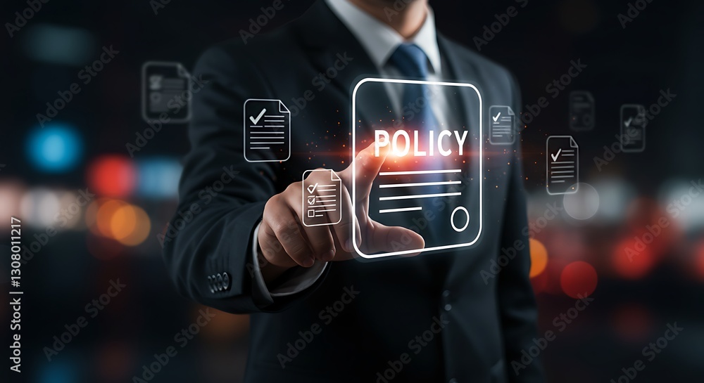 Poster corporate policy concept with digital document icons . person check online document validation ,comp