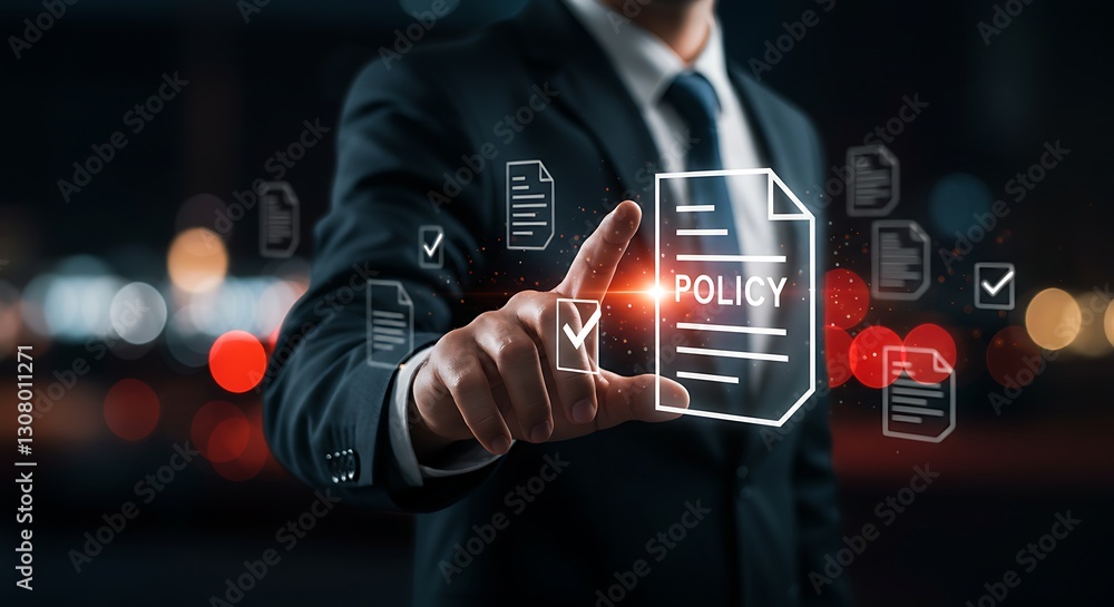 Poster corporate policy concept with digital document icons . person check online document validation ,comp