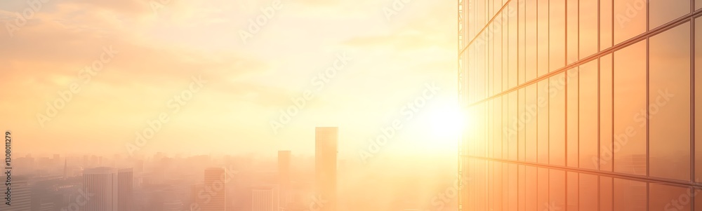 Poster sunset reflections on a skyscraper, showcasing warm hues and modern architecture.