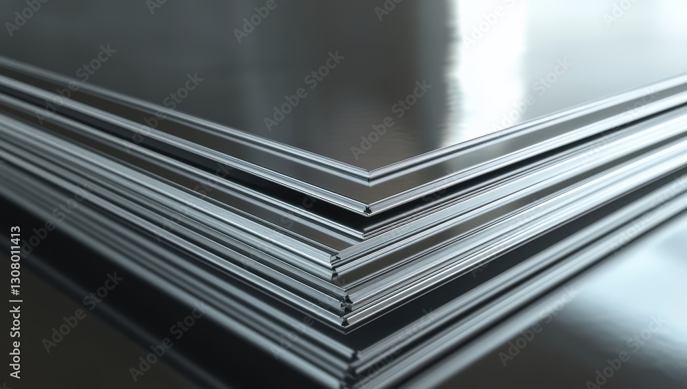 Poster stack of sleek metallic sheets showcasing a shiny reflective surface and clean edges in an industria