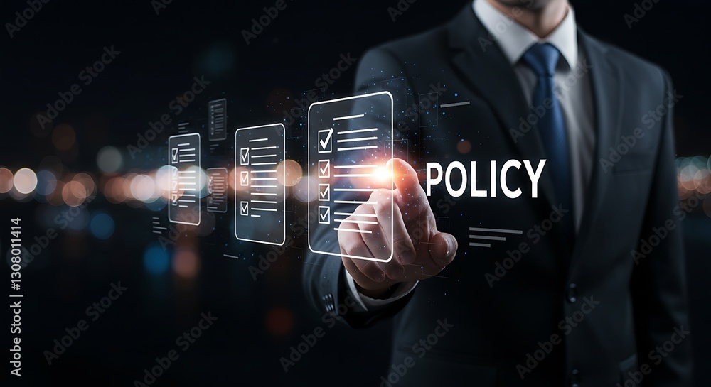 Poster corporate policy concept with digital document icons . person check online document validation ,comp