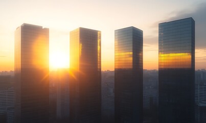 Sunrise over modern skyscrapers, casting warm light and reflections on glass surfaces.