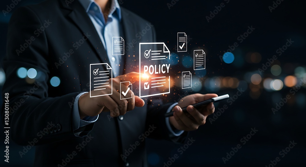 Poster corporate policy concept with digital document icons . person check online document validation ,comp