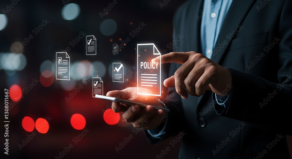 Poster corporate policy concept with digital document icons . person check online document validation ,comp