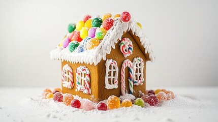 charming gingerbread house Christmas dessert decorated with colorful icing and candy, evoking a cozy winter feel