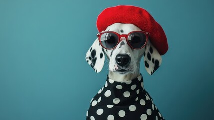 A Dalmatian in a vintage polka-dot dress, cat-eye sunglasses, and a red beret, styled like a 1950s fashion icon.