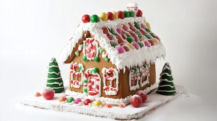 charming gingerbread house Christmas dessert decorated with colorful icing and candy, evoking a cozy winter feel