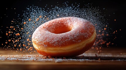 Donut sprinkled with powder, floating on dark wood surface against dark background