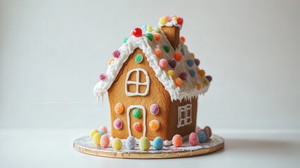 charming gingerbread house Christmas dessert decorated with colorful icing and candy, evoking a cozy winter feel