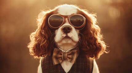 A Cavalier King Charles Spaniel in a tweed vest, ascot tie, and vintage pilot glasses, standing elegantly against a warm, sepia-toned background. 
