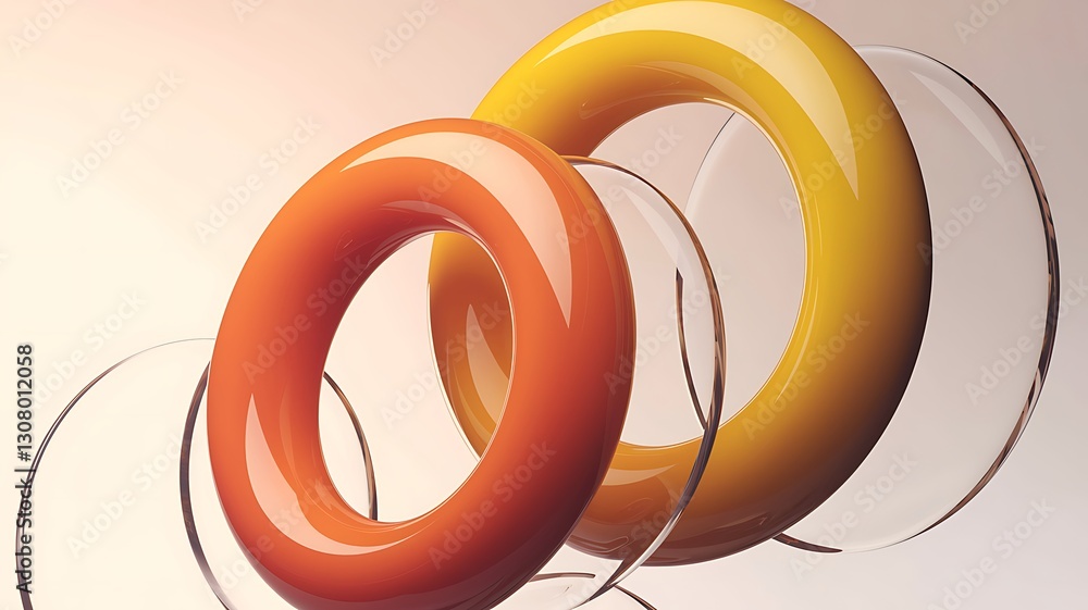 Poster dynamic background with glass and colorful plastic shapes. 3d rendering illustration.